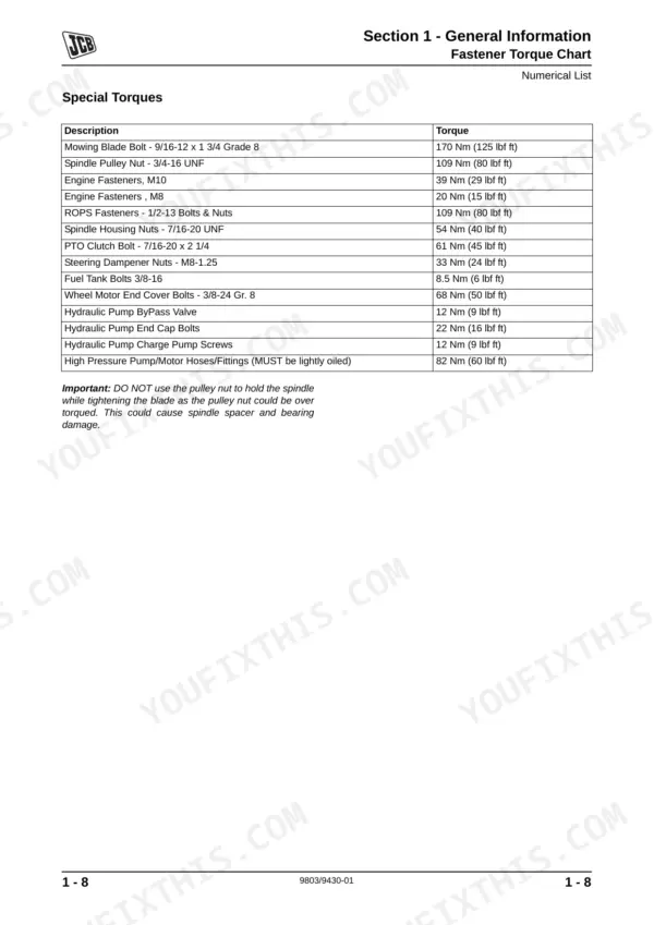 JCB ZT 20D, JCBZT20D, JCB ZT 20D, Yanmar 2V750 -CVER Diesel service manual special fastener torque chart table.