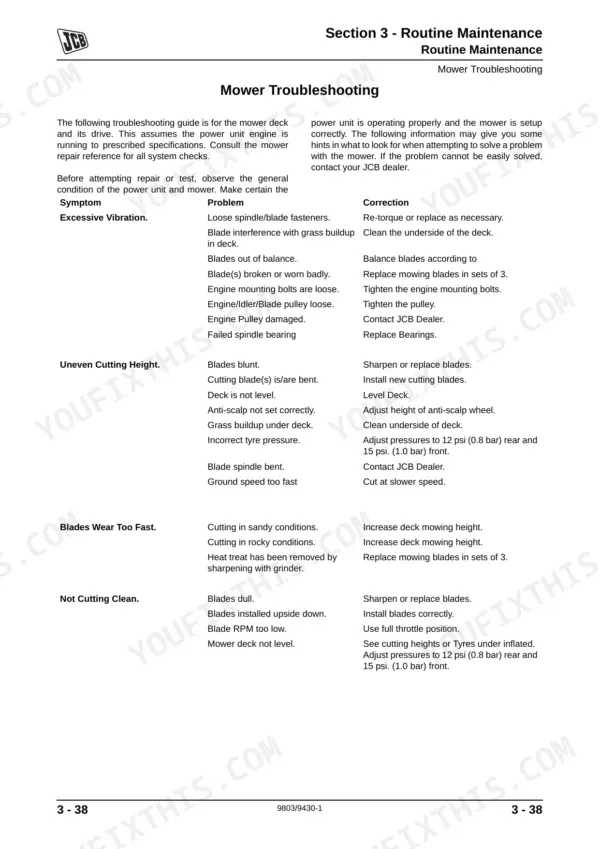 JCB ZT 20D, JCBZT20D, JCB ZT 20D, Yanmar 2V750 -CVER Diesel mower deck troubleshooting table for vibration and cutting issues