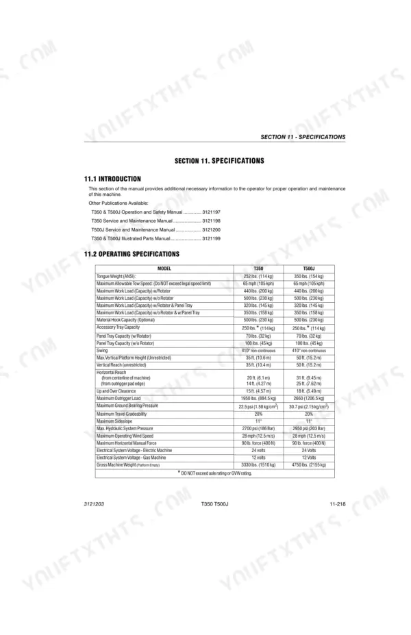 JLG T350, T500J operating specifications table including load capacity, reach, pressure, and electrical system data.