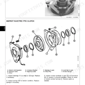 John Deere 130, 160, 165, 175, 180, 185 exploded view of electric PTO clutch inspection and component breakdown.