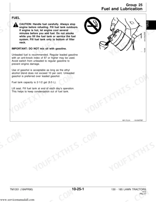 John Deere 130, 160, 165, 175, 180, 185 fuel and lubrication manual page showing refueling safety and fuel specifications.