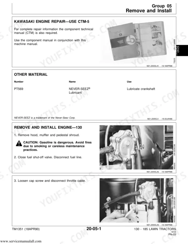 John Deere 130, 160, 165, 175, 180, 185 engine removal and installation procedure, fuel line and throttle cable steps.