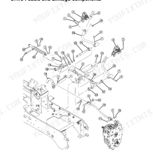 John Deere 2025R exploded view of hydrostatic drive pedals and linkage components with numbered parts list reference.