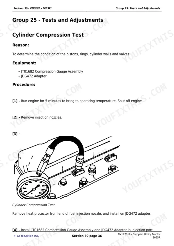 John Deere 2025R cylinder compression test procedure, equipment list, and diagram showing gauge installation in injection port.