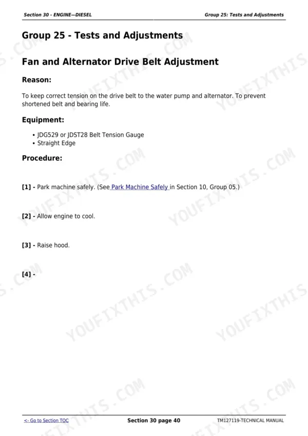 John Deere 2027R, 2032R technical manual procedure for adjusting the fan and alternator drive belt tension.