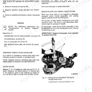 John Deere 2130 Tractor timing gear train repair procedures and front crankshaft oil seal installation diagram.