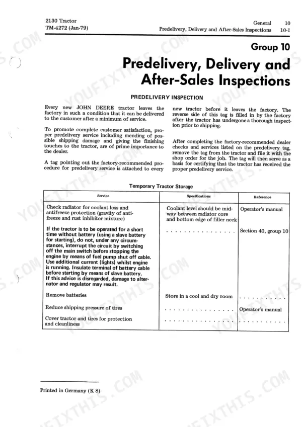 John Deere 2130 Tractor predelivery inspection and temporary tractor storage procedures and specifications table.