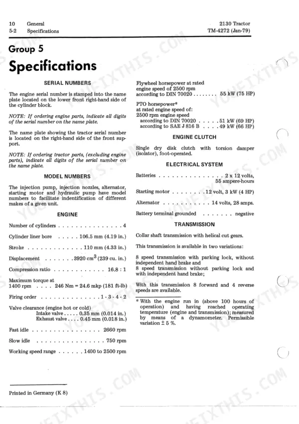 John Deere 2130 Tractor technical manual specifications page covering engine, electrical, and transmission data.