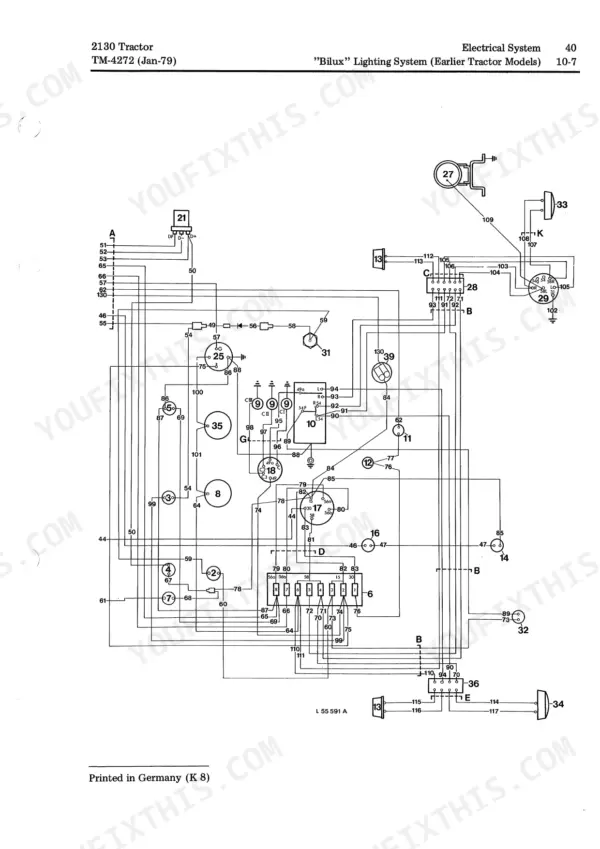 John Deere 2130 Tractor Bilux lighting system wiring diagram for earlier tractor models showing electrical components.