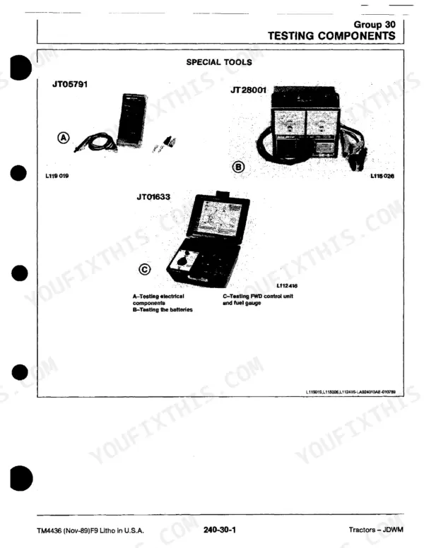 John Deere 2155, 2355N, 2355, 2555, 2755, 2855N, 2955, 3155, TM-4436 special tools for testing electrical components and batteries.
