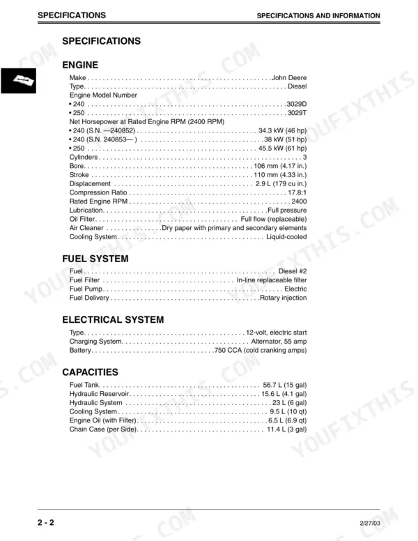 John Deere 240, 250 technical manual specifications page listing engine, fuel, electrical system, and fluid capacities.