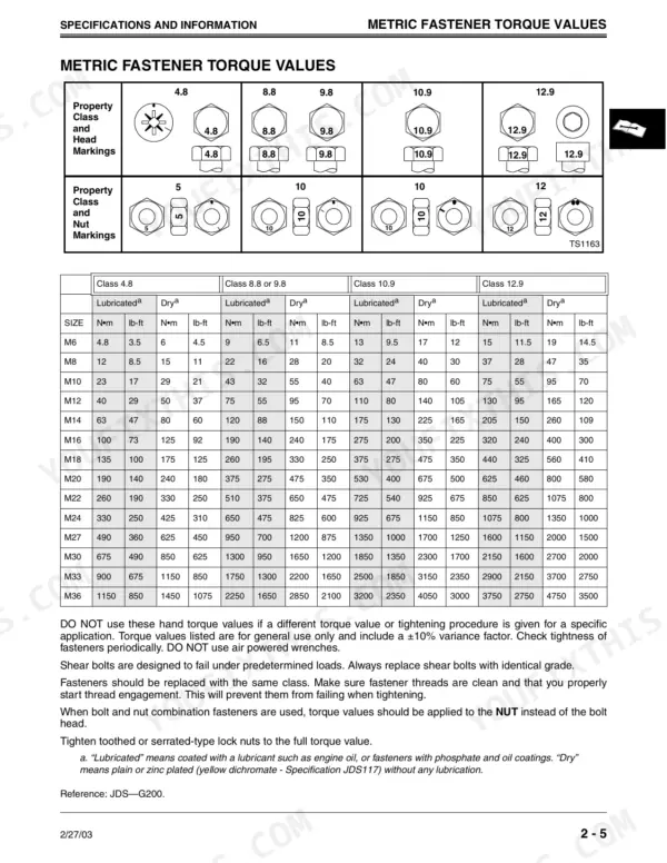John Deere 240, 250 metric fastener torque values table for bolt property classes 4.8, 8.8, 9.8, 10.9, and 12.9.