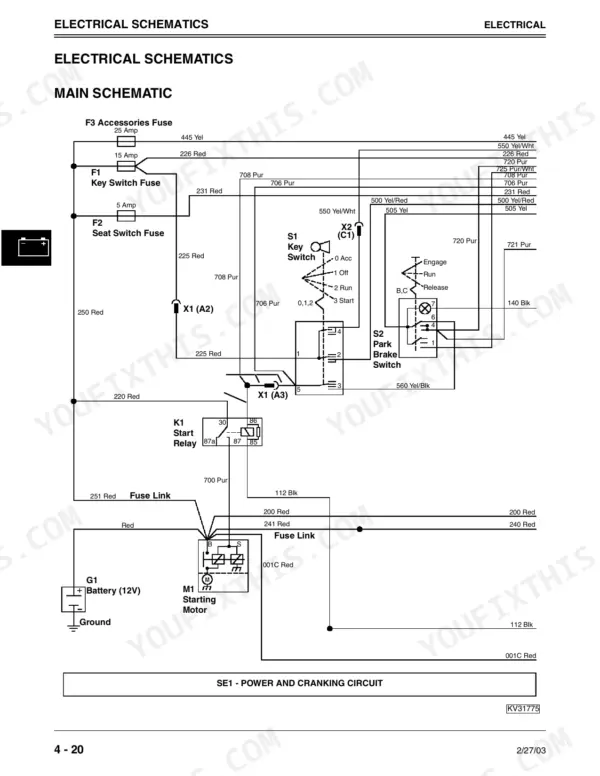 John Deere 240, 250 electrical schematic showing power and cranking circuit with battery, starter motor, and key switch.