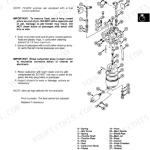John Deere 240, 245, 260, 265, 285, 320 FC420V carburetor exploded view diagram and cleaning repair procedures.