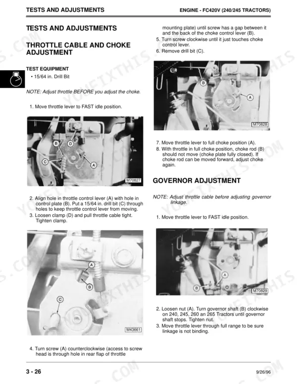 John Deere 240, 245, 260, 265, 285, 320 throttle cable, choke, and governor adjustment procedures with component diagrams.