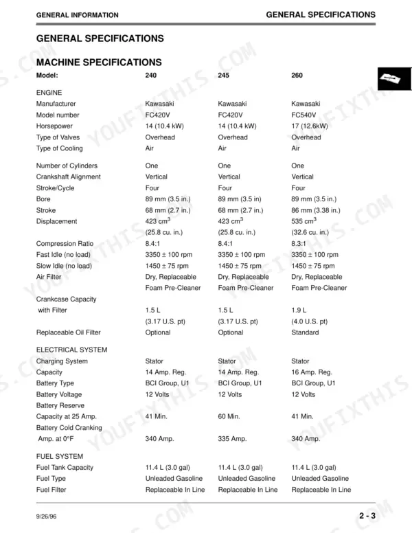 John Deere 240, 245, 260, 265, 285, 320 engine, electrical, and fuel system specifications table for models 240, 245, and 260.