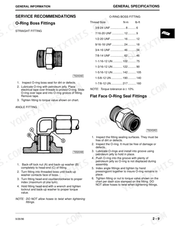 John Deere 240, 245, 260, 265, 285, 320 torque chart and installation procedures for O-ring boss and flat face fittings.