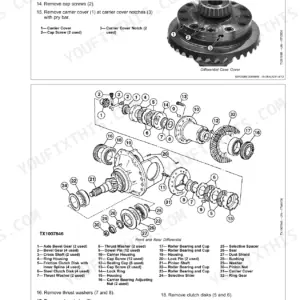 John Deere 250D, 300D exploded view of front and rear differential assembly, components, and removal procedures.