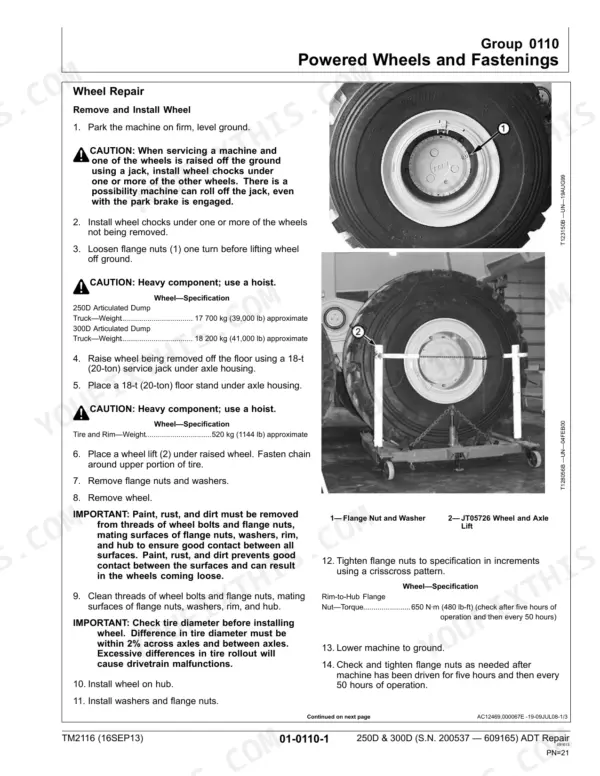 John Deere 250D, 300D wheel removal and installation procedure with torque specifications and safety warnings.