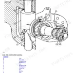 John Deere 300D, 310D, 315D exploded view diagram of the non-powered axle, hub, and steering knuckle assembly.