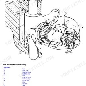 John Deere 300D, 310D, 315D exploded view diagram of the non-powered axle, hub, and steering knuckle assembly.