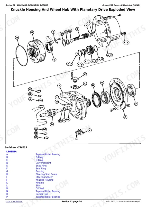 John Deere 300D, 310D, 315D exploded view of knuckle housing, wheel hub, and planetary drive assembly components.