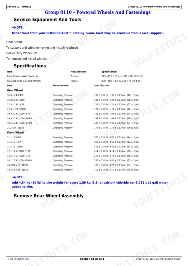 John Deere 300D, 310D, 315D wheel torque specifications and tire pressure operating charts for front and rear wheels.