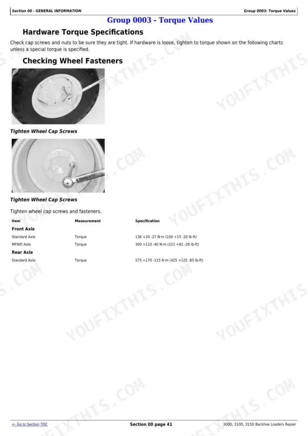John Deere 300D, 310D, 315D wheel fastener torque specifications table and tightening procedure photos.