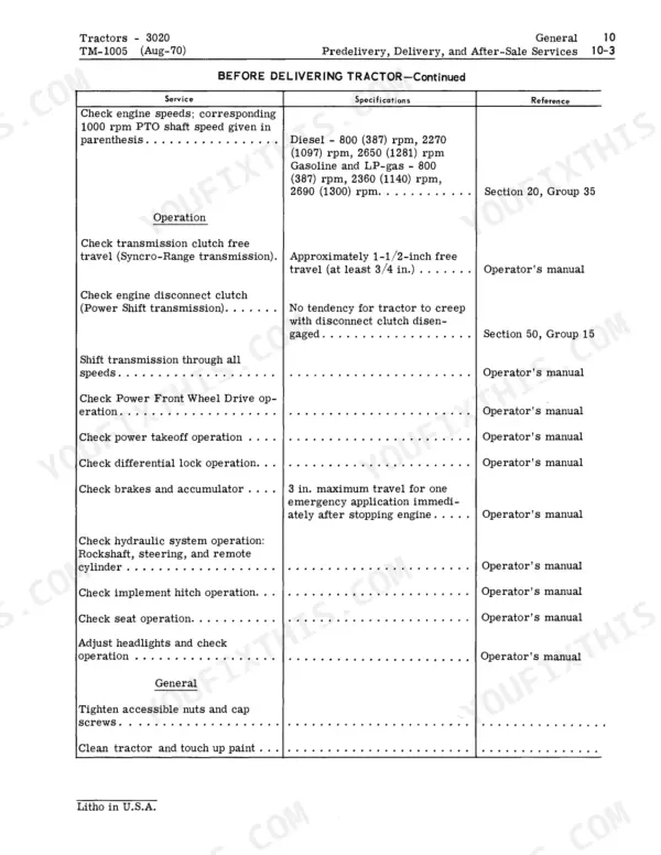 John Deere 3020 Tractor predelivery service specifications table for engine speeds, transmission, and hydraulic systems.