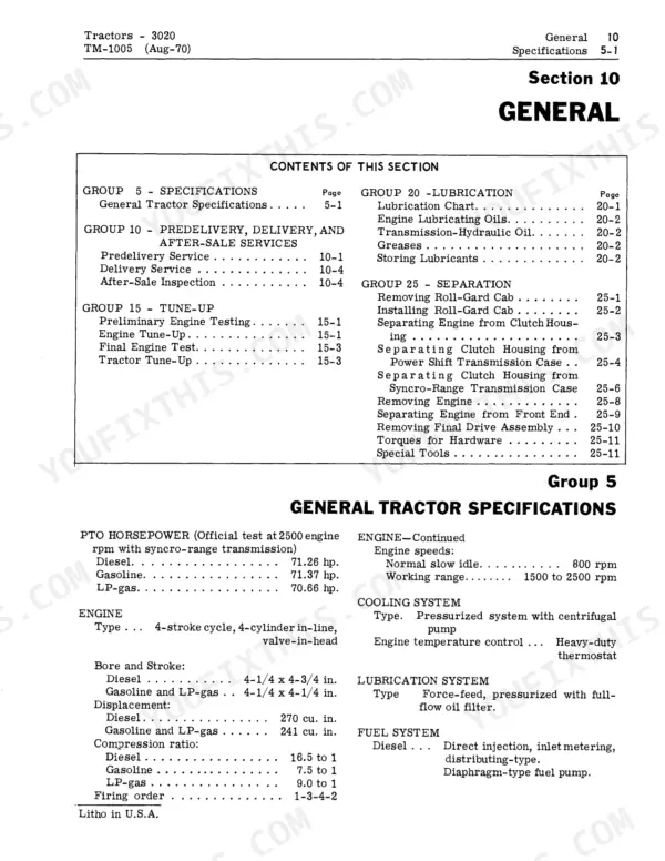 John Deere 3020 Tractor Section 10 General specifications table, engine data, and contents of section list.