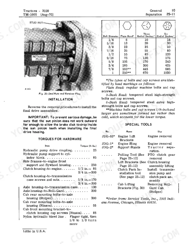 John Deere 3020 Tractor torque specifications table, bolt head markings, and special tools list for final drive and engine assembly.