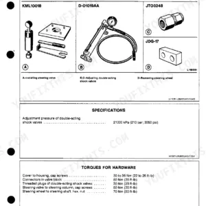 John Deere 3050, 3350, 3650 hydrostatic steering special tools, pressure specifications, and hardware torque settings.