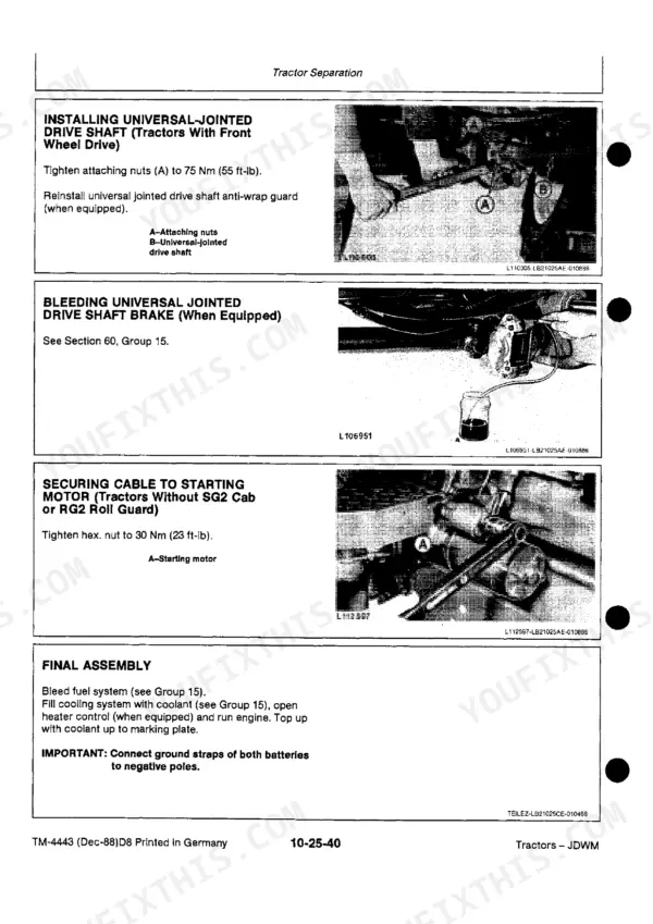 John Deere 3050, 3350, 3650: Procedures for drive shaft installation, brake bleeding, and starting motor cable securing.