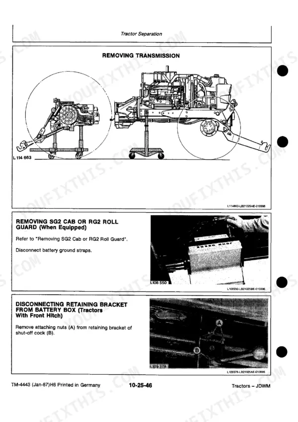John Deere 3050, 3350, 3650 tractor separation, transmission removal, and battery box bracket disconnection procedures.