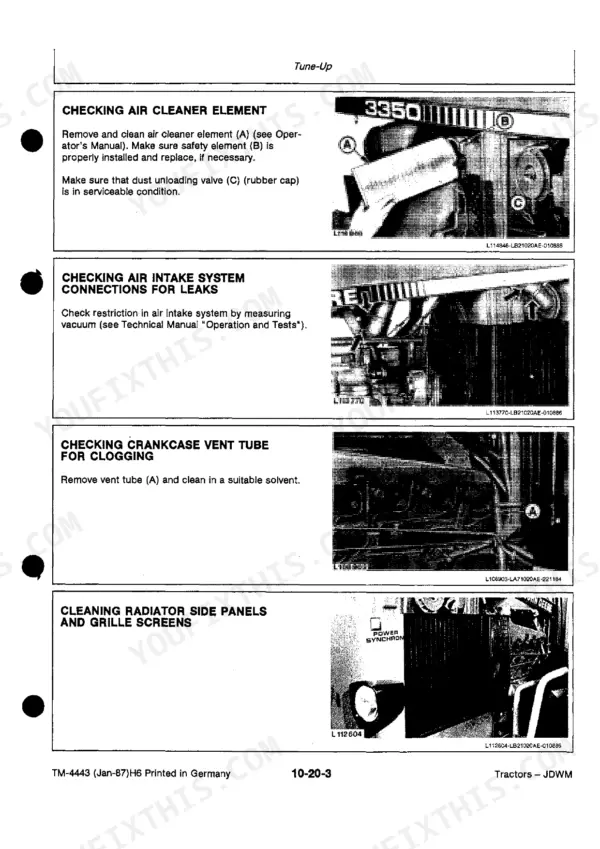 John Deere 3050, 3350, 3650 tune-up procedures for air cleaner, intake leaks, crankcase vent tube, and radiator screens.