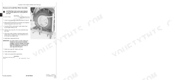 John Deere 310G service manual procedure for removing and installing the rear wheel assembly with torque specifications.