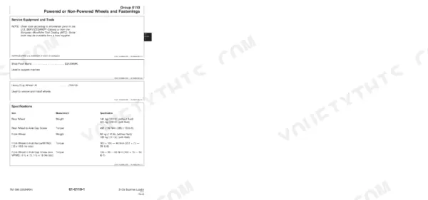 John Deere 310G service tools and wheel specifications table for rear and front wheel weights and torque settings.
