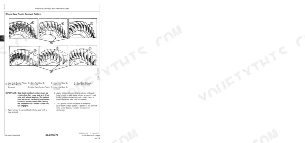 John Deere 310G manual page showing gear tooth contact pattern diagrams for axle shaft and reduction gear adjustment.