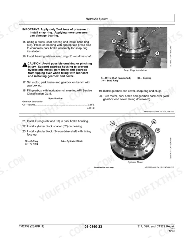 John Deere 317, 320, CT322 hydraulic gearbox repair procedures, snap ring installation, and cylinder block assembly steps.