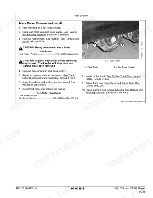 John Deere 317, 320, CT322 track roller removal and installation procedure with torque specs and component diagram.