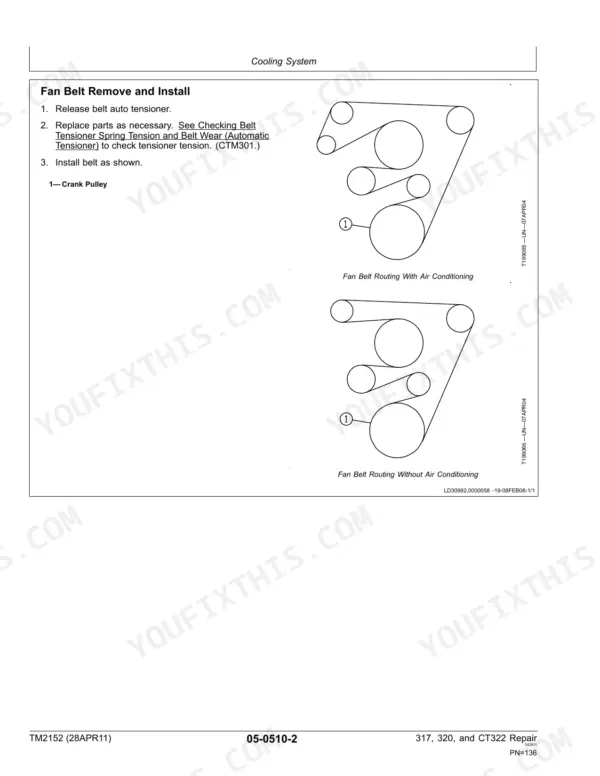 John Deere 317, 320, CT322 fan belt removal, installation procedure, and belt routing diagrams with and without AC.