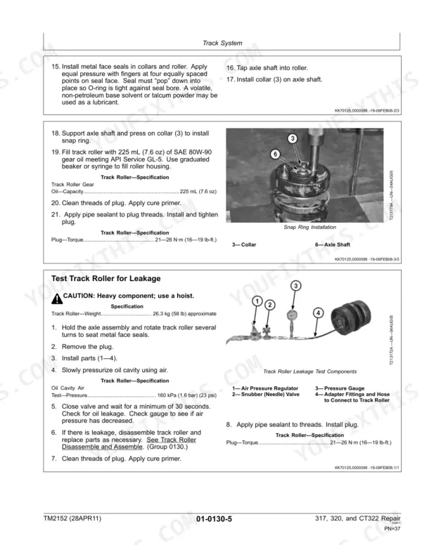 John Deere 317, 320, CT322 track roller assembly, snap ring installation, and leakage test procedure specifications.