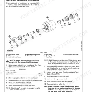 John Deere 318D, 319D, 320D, 323D track roller exploded view diagram and disassembly and assembly procedure steps.