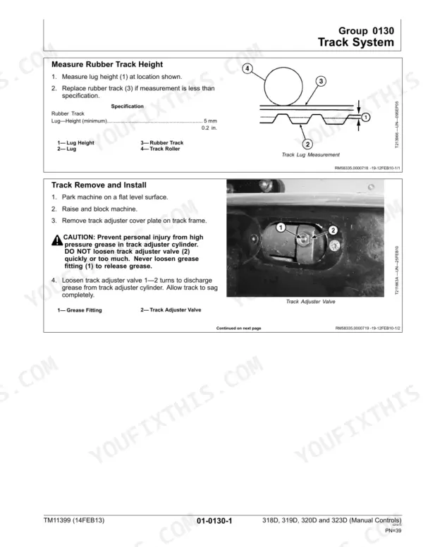 John Deere 318D, 319D, 320D, 323D track system manual: measuring rubber track lug height and track removal procedures.