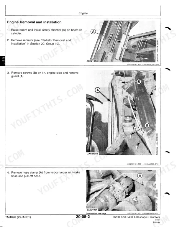 John Deere 3200, 3400 engine removal and installation steps showing boom safety channel, engine side guard, and turbocharger hose.