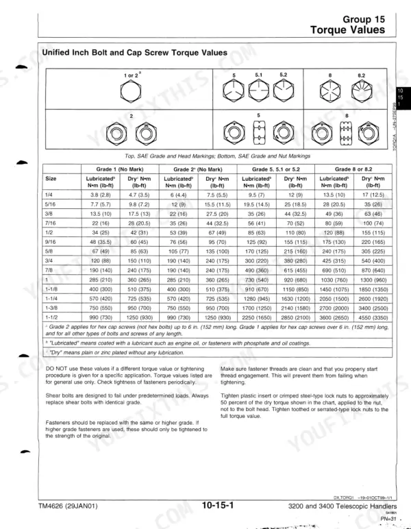 John Deere 3200, 3400 technical manual: Unified Inch Bolt and Cap Screw Torque Values table with SAE grade head markings.
