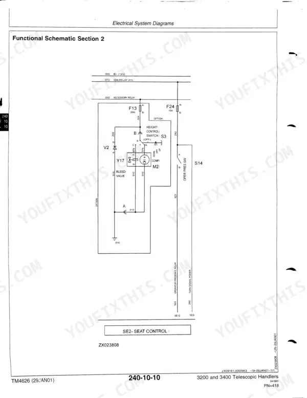 John Deere 3200, 3400 electrical schematic showing seat control, height switch, and bleed valve circuits.