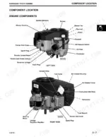 John Deere 325, 335, 345 Kawasaki FH531V engine component location diagram showing left and right side engine parts.