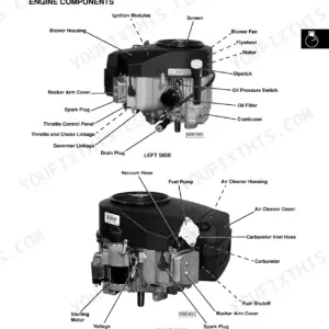 John Deere 325, 335, 345 Kawasaki FH531V engine component location diagram showing left and right side engine parts.