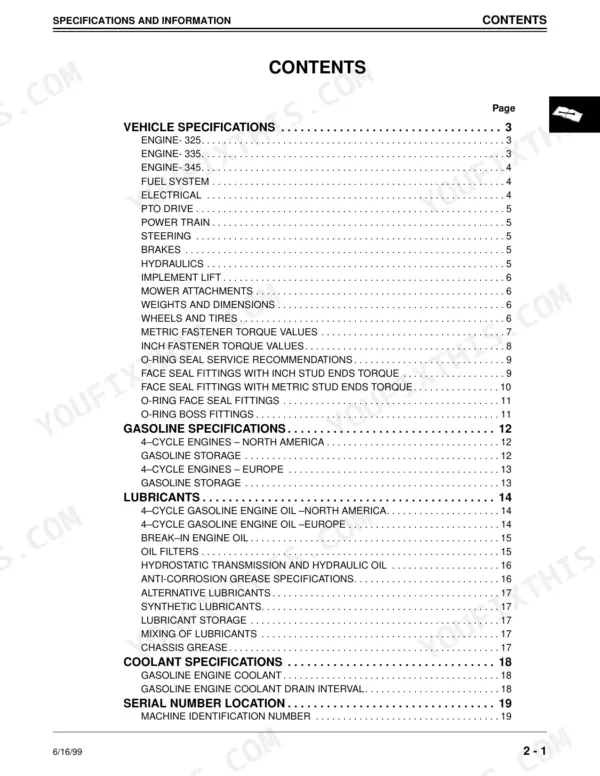 John Deere 325, 335, 345 technical manual table of contents page listing vehicle, gasoline, lubricant, and coolant specifications.